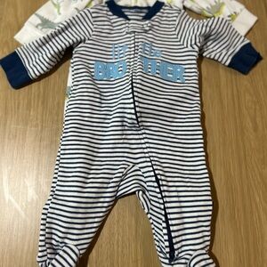 Little Brother Striped Blue & dinosaur One Piece